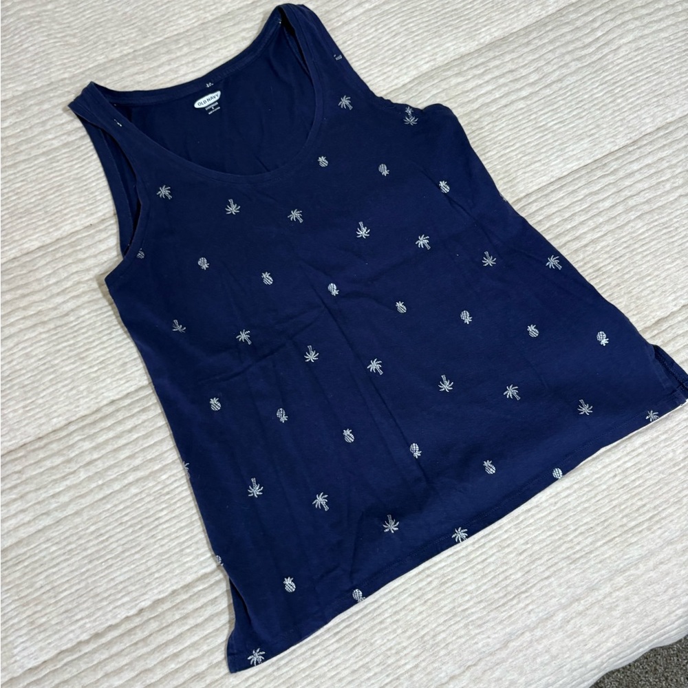 Old Navy Navy Tank Top with Silver Pineapple Embroidery